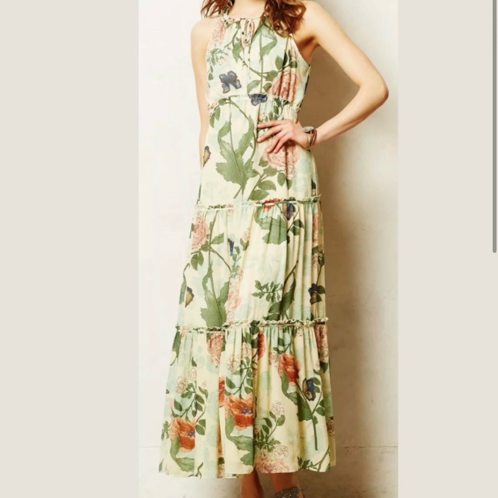 Anthropologie Maeve Ruffled Tiered Maravilla Midi Dress Green Motif - 8P - EUC